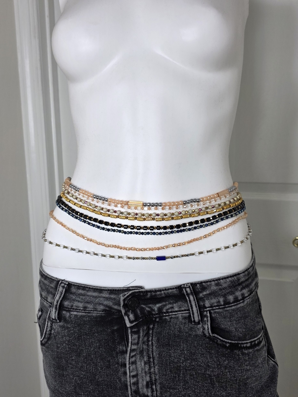 Multi-Strand Beaded Waist Chain - Gold, Black & Pink